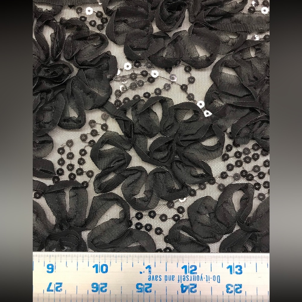 1 YD Black Floral Ribbon 2 Way Stretch Lace with Black Sequins Black Mesh Fabric - Picture 3 of 7